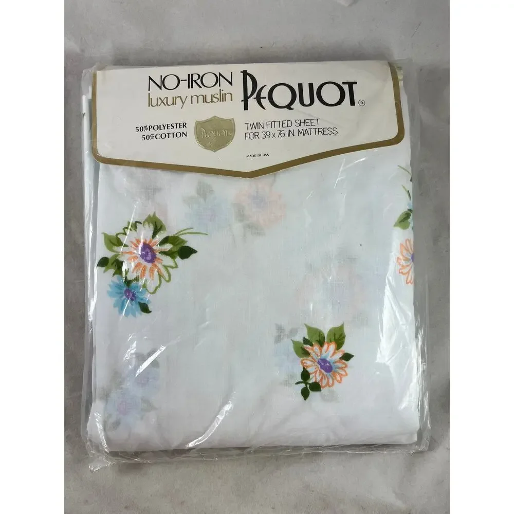 Pequot Maytime Twin Flat Fitted Sheets Blue Floral Daisy New Deadstock 1970s